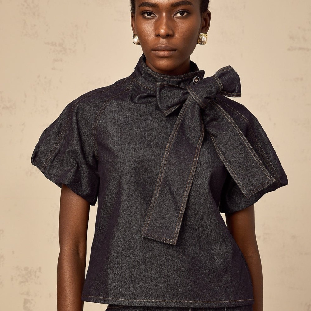 MISS ROSIER Roxane indigo-blue contrast-stitching denim blouse